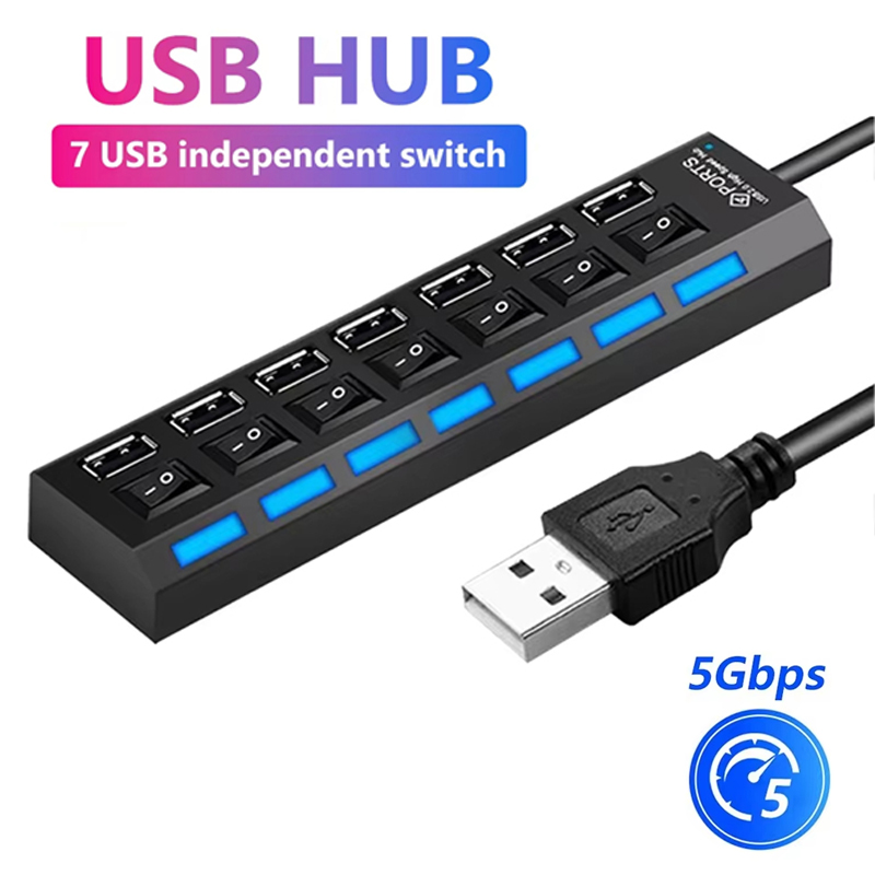 Laptop Accessories Wholesale - 7 พอร์ตยูเอสบี 2.0 ฮับสปลิตเตอร์สำหรับแล็ปท็อปอุปกรณ์เสริมคอมพิวเตอร์ไฟ LED แสดงสถานะควบคุมอิสระอุปกรณ์เวิร์กสเตชันสำหรับสำนักงานที่บ้าน